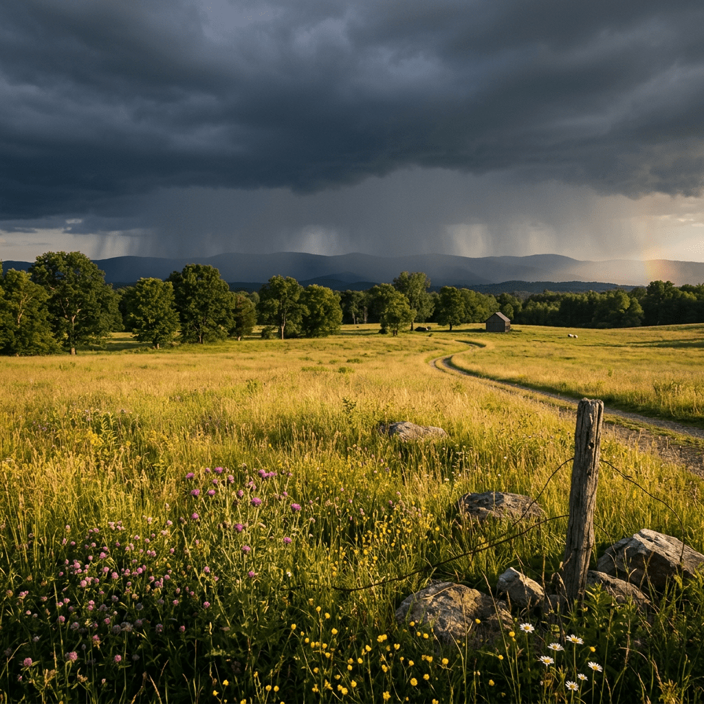 Sunlit meadow foreground, distant stormy horizon contrast
